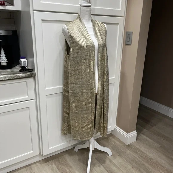 Expresso Long Gold Shine Vest with Pockets 97% Poly 3% Spandex Med or Large - Picture 11 of 16